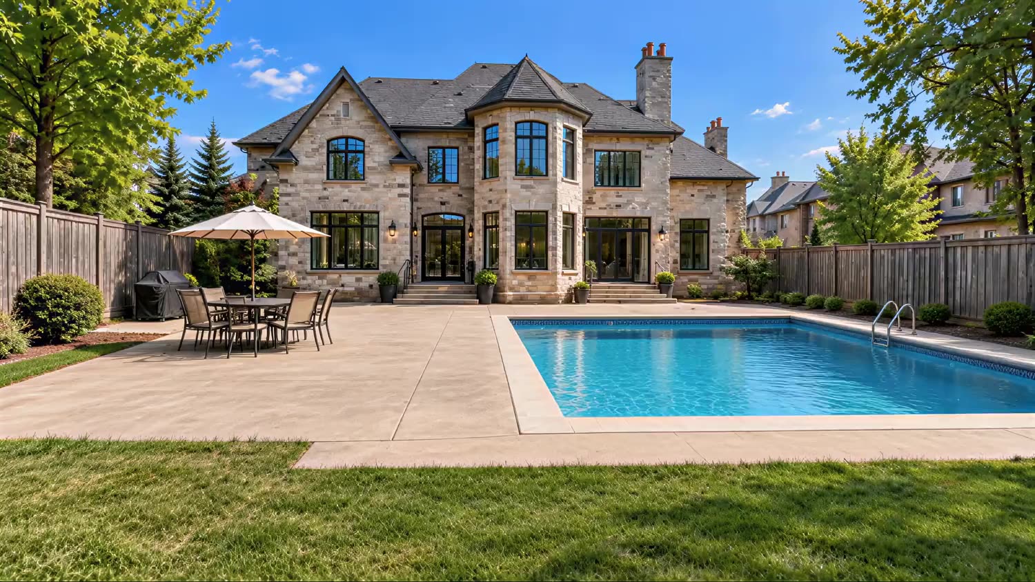 Luxury Ottawa backyard with interlock pool deck built by KSJ Contracting